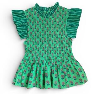 Printfresh High Priority Blouse Clover Green Floral Smocked Peplum Top Medium